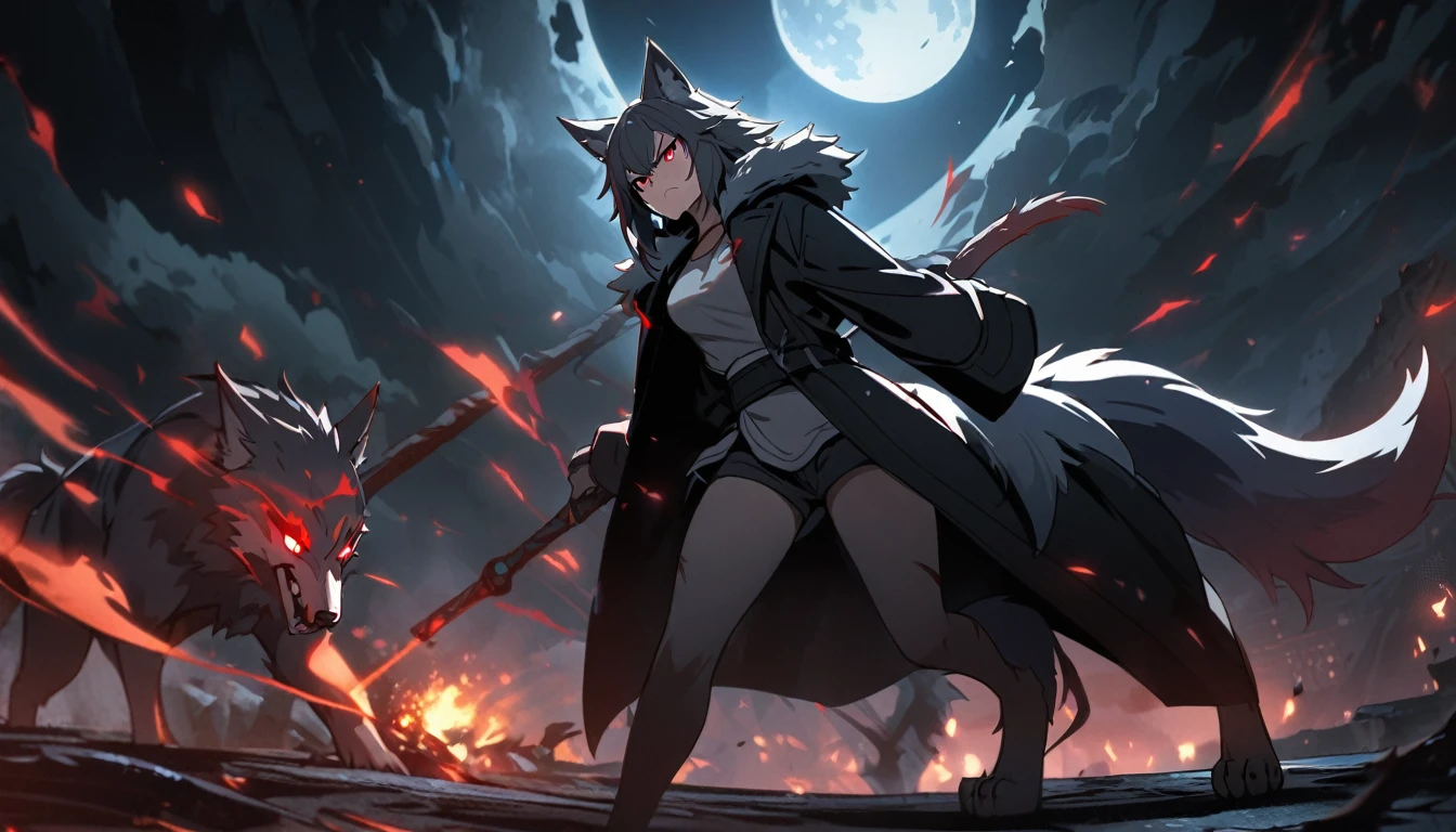 ((Wolf Girl)), ((Wolf)), Black Coat, ((Red Eyes)), ((Possessive)), ((Long Tail)), Angry, Scars, Night, Moon, HD, High Resolution, 4K