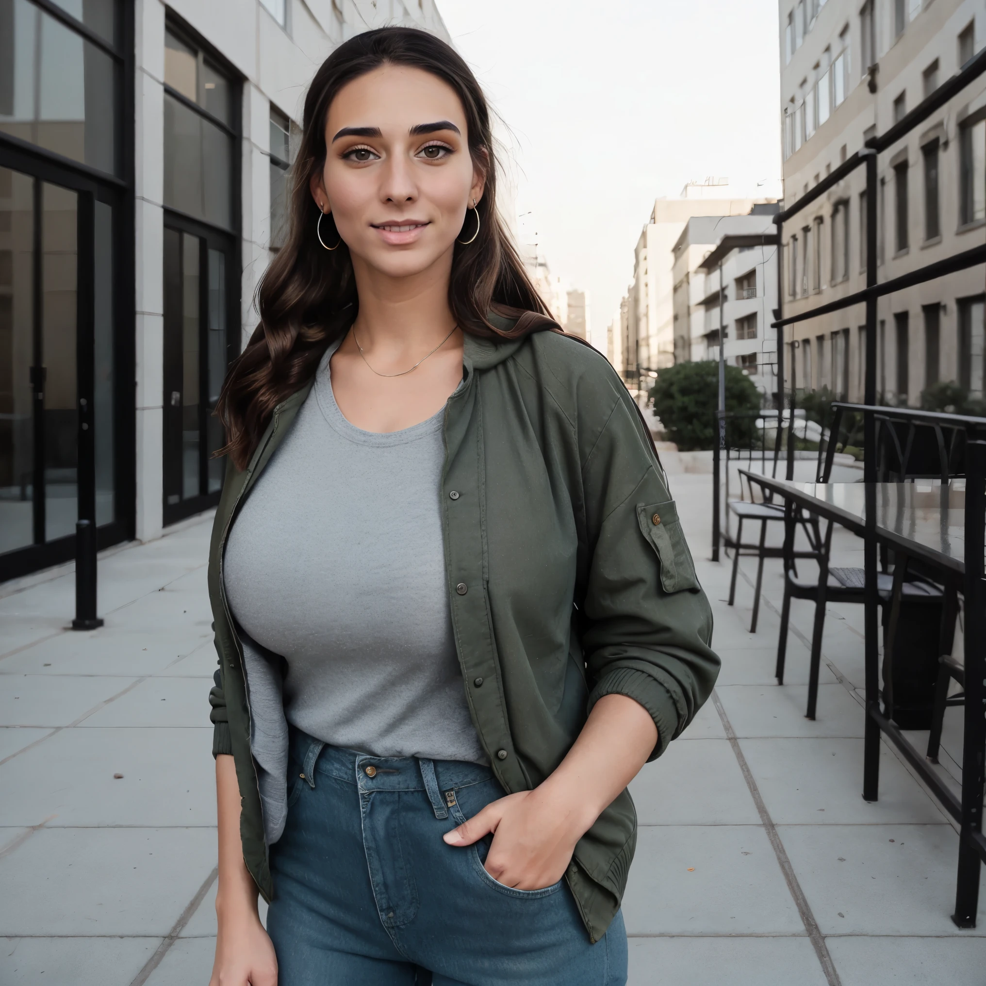 Extremely busty thin and toned brunette photographer, college girl, fair skin, loose ponytail, soft face, athletic, bandana babushka headwrap, tight olive green casual windbreaker, skinny jeans. standing in front of her apartment building, outdoors, city, camera bag, cleavage