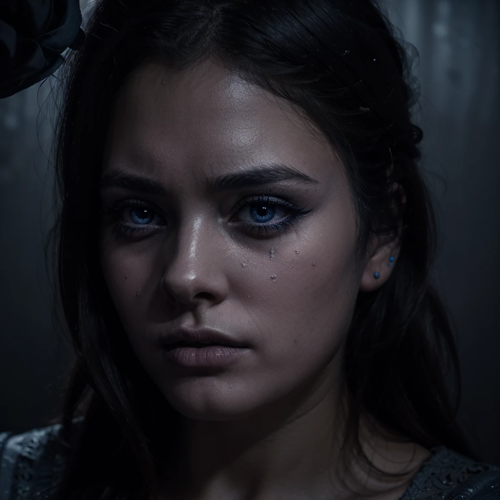 a sad girl in a dark room, crying,beautiful detailed eyes, beautiful detailed lips, extremely detailed face, long eyelashes, emotional, dramatic lighting, cinematic, moody, dark tones, blue color palette, muted colors, somber mood, photorealistic, 8k, best quality, masterpiece