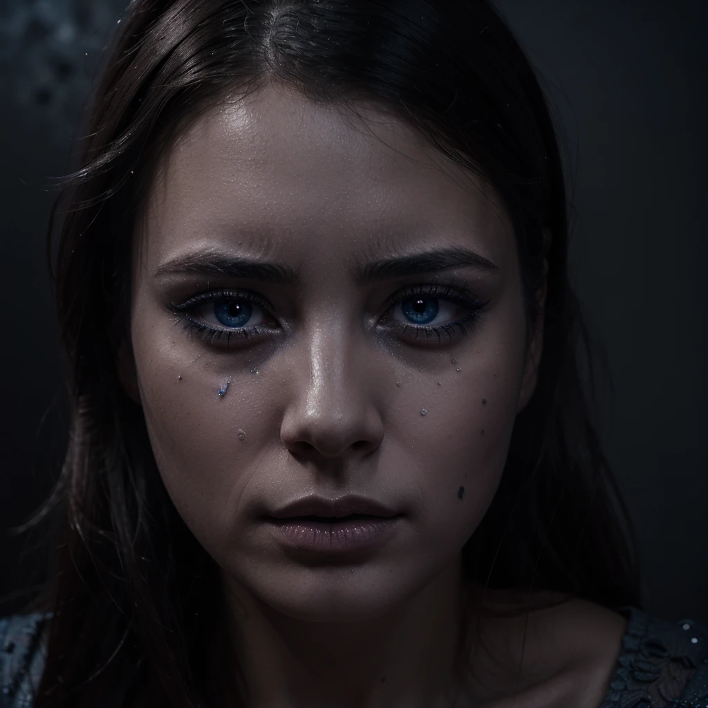 a sad girl in a dark room, crying,beautiful detailed eyes, beautiful detailed lips, extremely detailed face, long eyelashes, emotional, dramatic lighting, cinematic, moody, dark tones, blue color palette, muted colors, somber mood, photorealistic, 8k, best quality, masterpiece