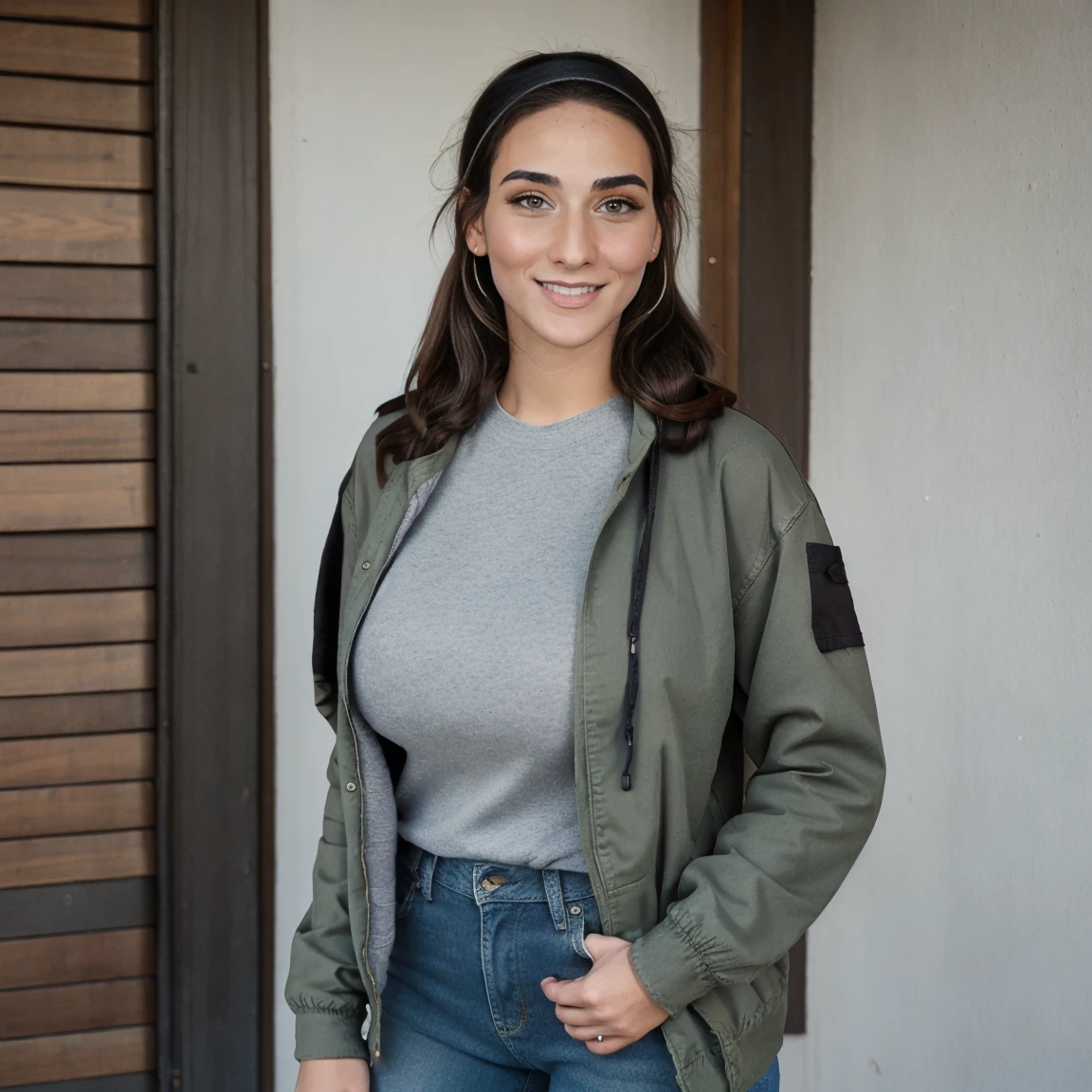 Extremely busty thin and toned brunette photographer, college girl, fair skin, loose ponytail, soft face, athletic, bandana babushka headwrap, tight olive green casual windbreaker, skinny jeans. standing in front of her apartment building, outdoors, city, camera bag, cleavage
