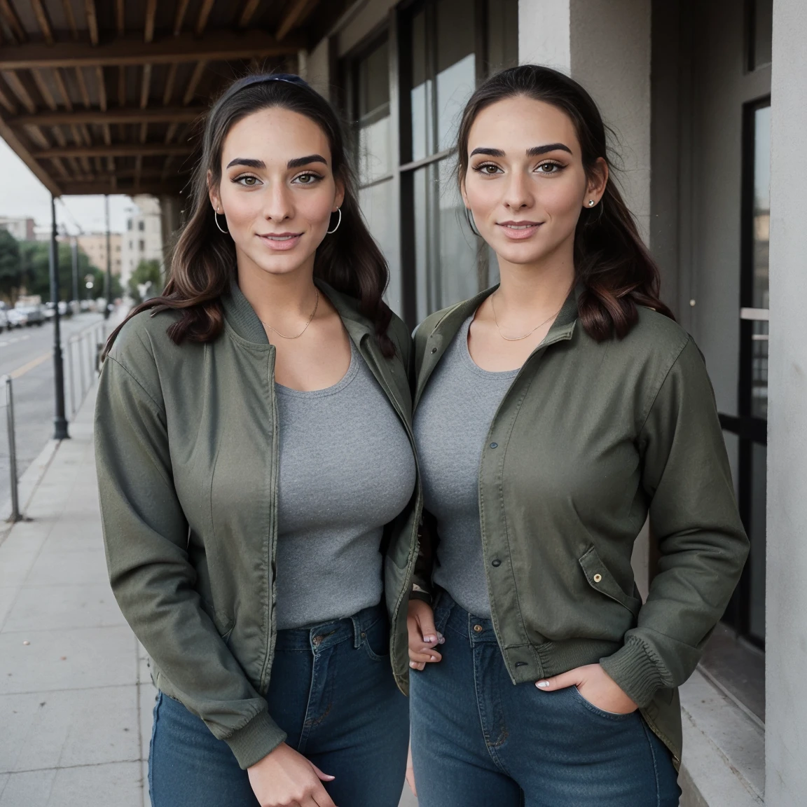 Extremely busty thin and toned brunette photographer, college girl, fair skin, loose ponytail, soft face, athletic, bandana babushka headwrap, tight olive green casual windbreaker, skinny jeans. standing in front of her apartment building, outdoors, city, camera bag, cleavage