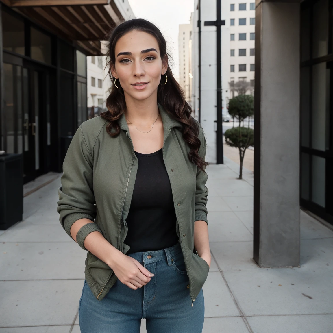 Extremely thin and toned brunette photographer, college girl, fair skin, loose ponytail, soft face, athletic, bandana babushka headwrap, tight olive green casual windbreaker, skinny jeans. standing in front of her apartment building, outdoors, city, camera bag,
