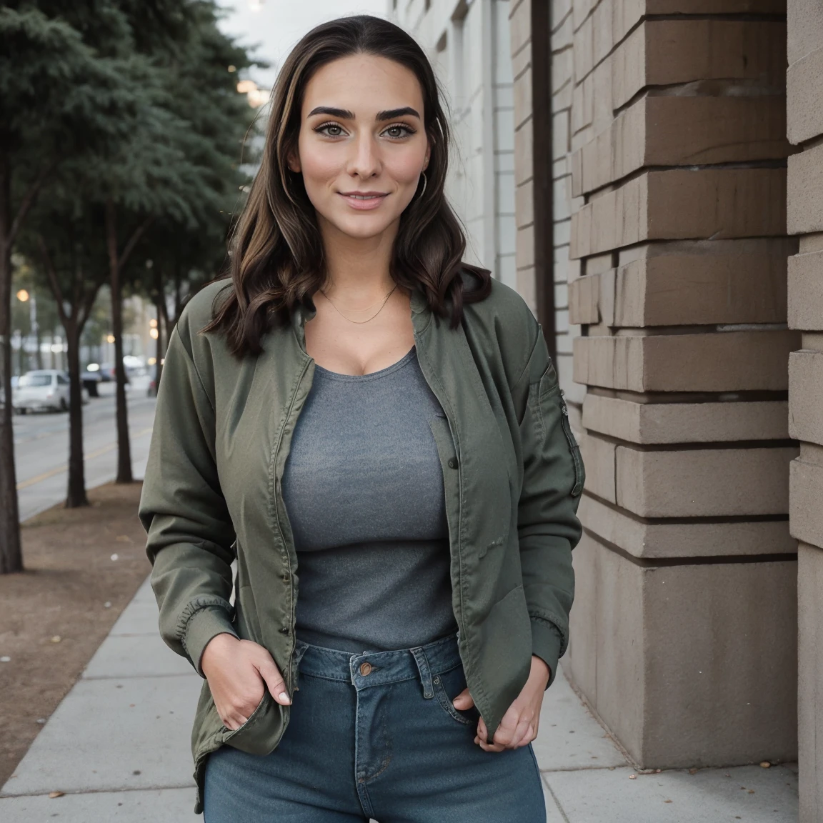 Extremely busty thin and toned brunette photographer, college girl, fair skin, loose ponytail, soft face, athletic, bandana babushka headwrap, tight olive green casual windbreaker, skinny jeans. standing in front of her apartment building, outdoors, city, camera bag, cleavage 