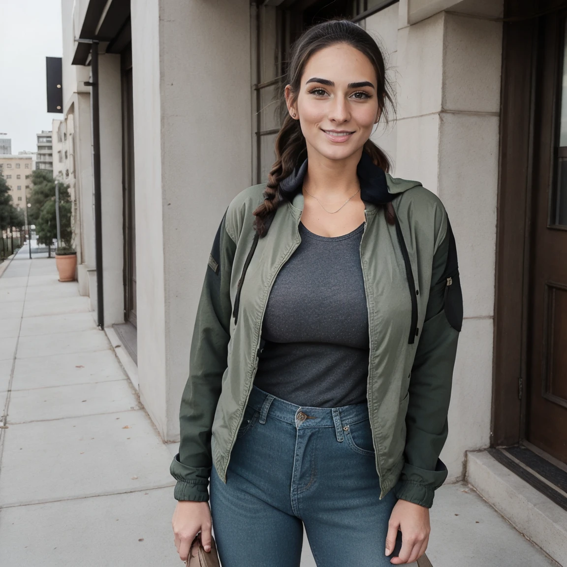 Extremely busty thin and toned brunette photographer, college girl, fair skin, loose ponytail, soft face, athletic, bandana babushka headwrap, tight olive green casual windbreaker, skinny jeans. standing in front of her apartment building, outdoors, city, camera bag, cleavage