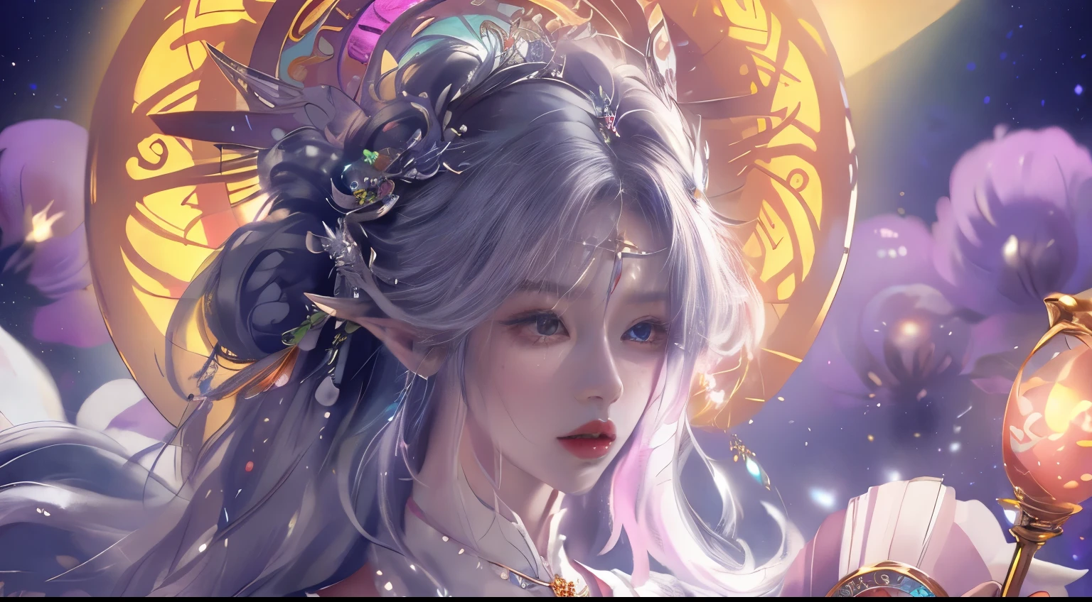 Close-up of a woman with rich and colorful hair and necklace, Anime girl with cosmic long hair, The soft vibrancy of Rossdraws, Guvez-style artwork, Fantasy art style, rich and colorful], Vibrant fantasy style, Rossdraws Vibrant cartoons, cosmic and rich and colorful, Gu Weiss, rich and colorful digital fantasy art, Stunning art style, Beautiful anime style, Full body lighting, Skin brightening, Sexy expressions
