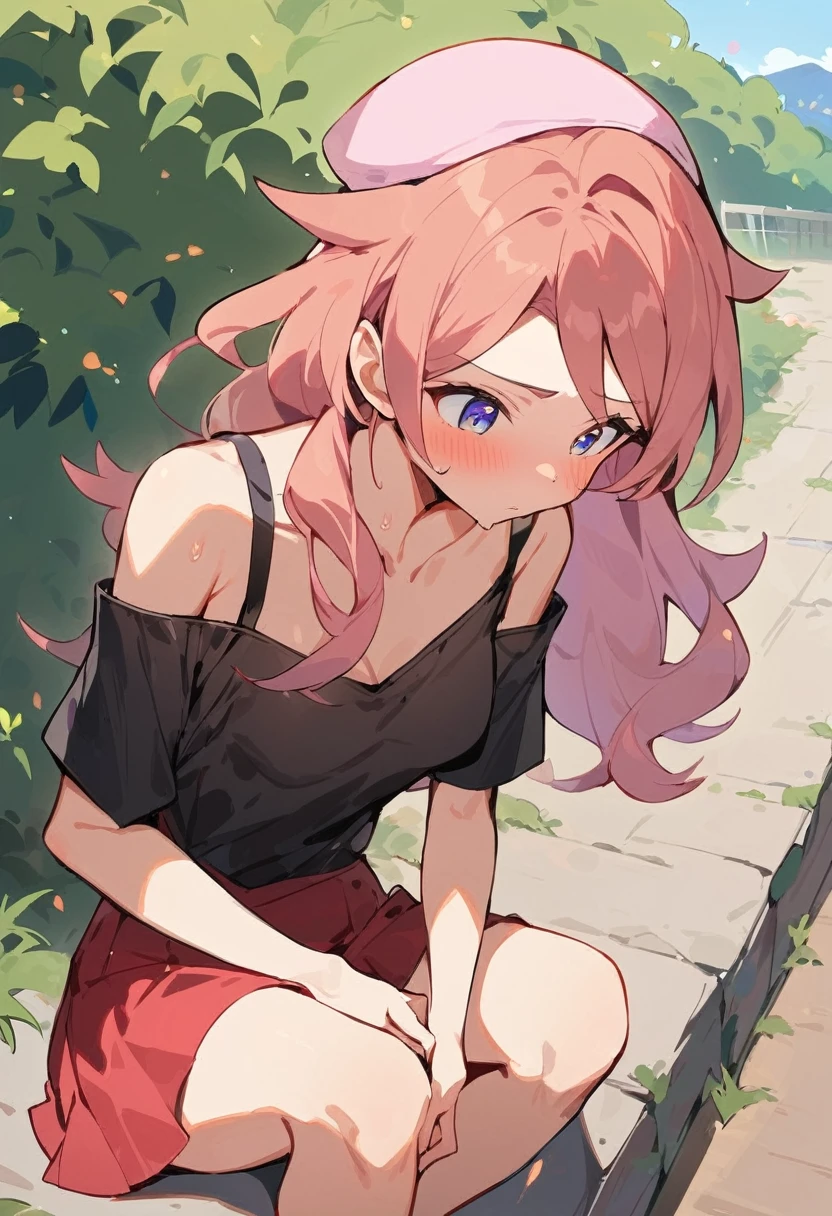 masterpiece, Highest quality, High resolution, Outdoor, One girl, alone, Serena (Pokemon), Pink hat, Red Skirt, Black Shirt, Bare shoulders, Masturbation