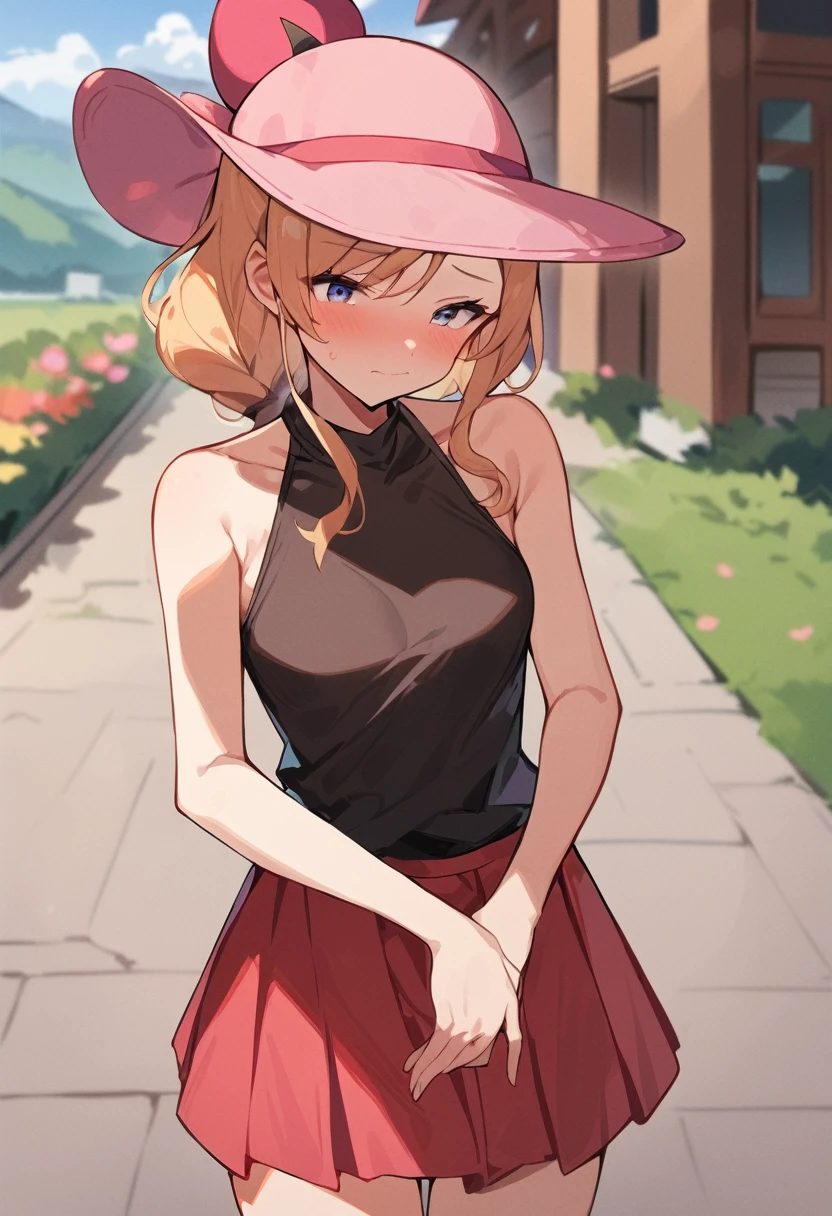 masterpiece, Highest quality, High resolution, Outdoor, One girl, alone, Serena (Pokemon), Pink hat, Red Skirt, Black Shirt, Bare shoulders, Masturbation