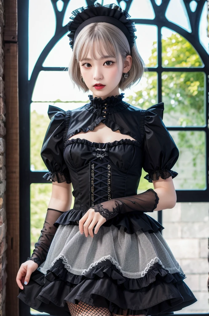 (8K, Photorealistic, Raw photo, Highest quality: 1.4),Japanese idol-style beautiful girl,model,1 person,18-year-old,(Short Bob),(Silver Hair :1.1),She has her hair tucked behind her ears,Headband,Clear grey eyes,Long eyelashes,(piercings(small)),Pale, lifeless skin(Foundation),(Lip gloss(Black :1.1)),thin long neck,Large Breasts,Lace gloves,(gothic lolita dress(Frills,Puffy long skirt)),layer,Fishnet tights,A Gothic-style stone building,Stained glass room,Full body portrait