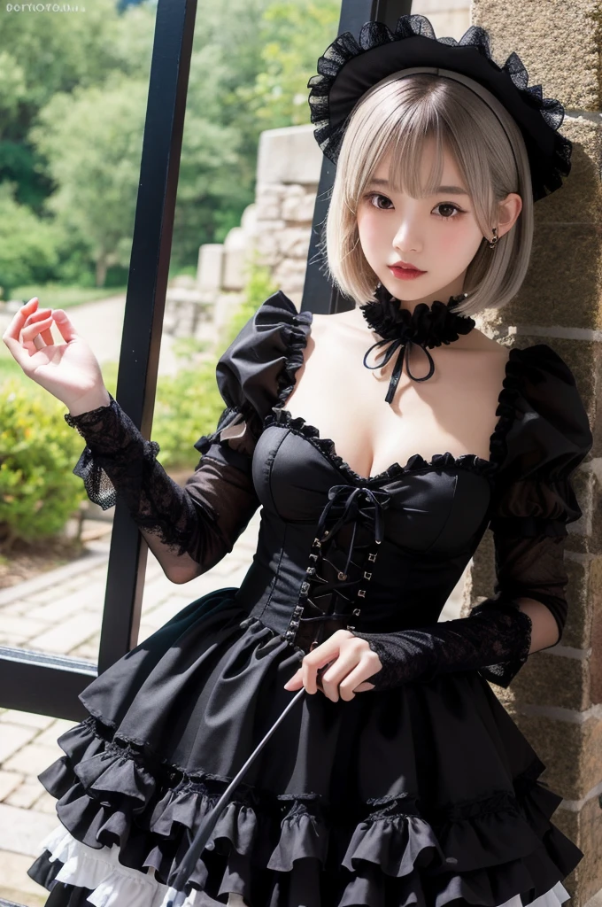 (8K, Photorealistic, Raw photo, Highest quality: 1.4),Japanese idol-style beautiful girl,model,1 person,18-year-old,(Short Bob),(Silver Hair :1.1),She has her hair tucked behind her ears,Headband,Clear grey eyes,Long eyelashes,(piercings(small)),Pale, lifeless skin(Foundation),(Lip gloss(Black :1.1)),thin long neck,Large Breasts,Lace gloves,(gothic ta dress(Frills,Puffy long skirt)),layer,Fishnet tights,A Gothic-style stone building,Stained glass room,Full body portrait