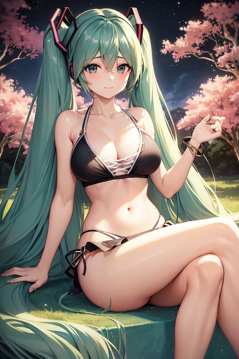 (Long flowy haircut), bokeh, ((backlit hair)) , ultra detailed, beautiful face, (((hair flowing beautifully in the wind))) , perfect smooth legs, (perfect eyes) , (defined medium sized ) , (((((correct anatomy))))) , ((cinematic depth of field)), (((bokeh particles))), perfect curved body, (((((Hatsune Miku))))), (((((wearing a nice looking bikini))))), white cherry blossom, wide angle view, glamour posing, smiling, elegant hair adjusting, (perfect symmetry), bokeh, enchanted forest in the background, crossed legs, ((elegant lady sitting)), looking at viewer, flower details