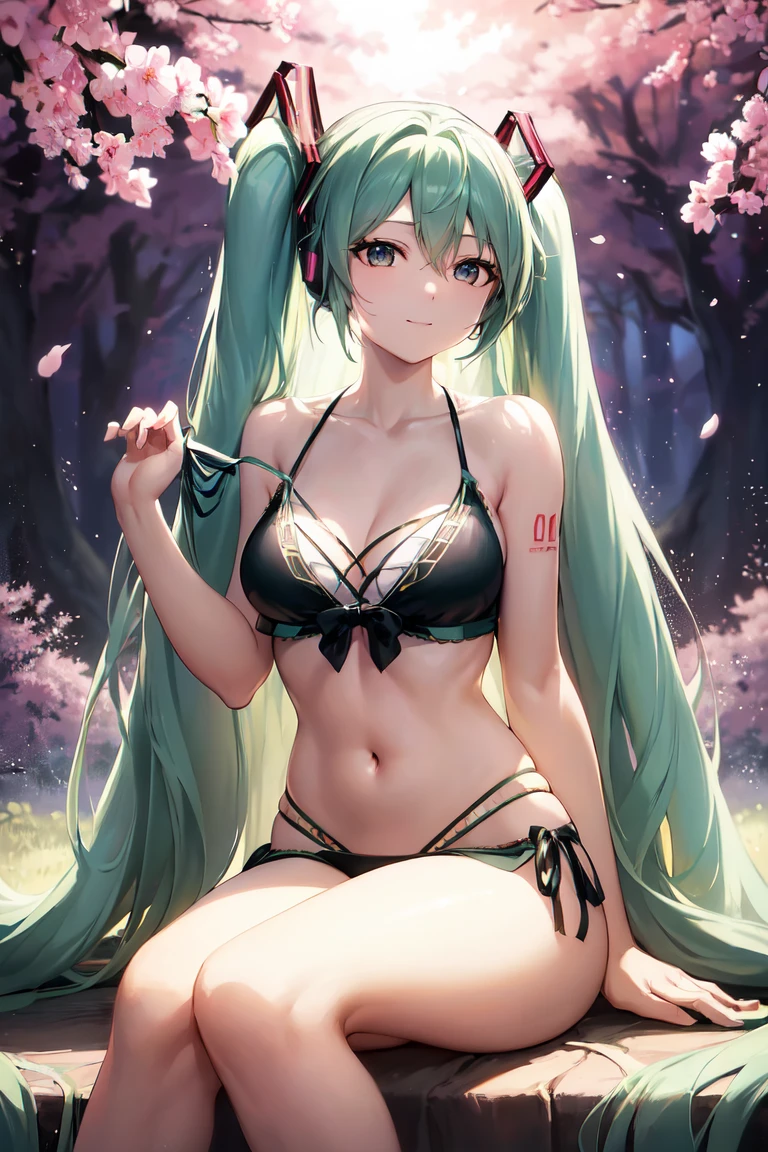 (Long flowy haircut), bokeh, ((backlit hair)) , ultra detailed, beautiful face, (((hair flowing beautifully in the wind))) , perfect smooth legs, (perfect eyes) , (defined medium sized breasts) , (((((correct anatomy))))) , ((cinematic depth of field)), (((bokeh particles))), perfect curved body, (((((Hatsune Miku))))), (((((wearing a nice looking bikini))))), white cherry blossom, wide angle view, glamour posing, smiling, elegant hair adjusting, (perfect symmetry), bokeh, enchanted forest in the background, crossed legs, ((elegant lady sitting)), looking at viewer, flower details