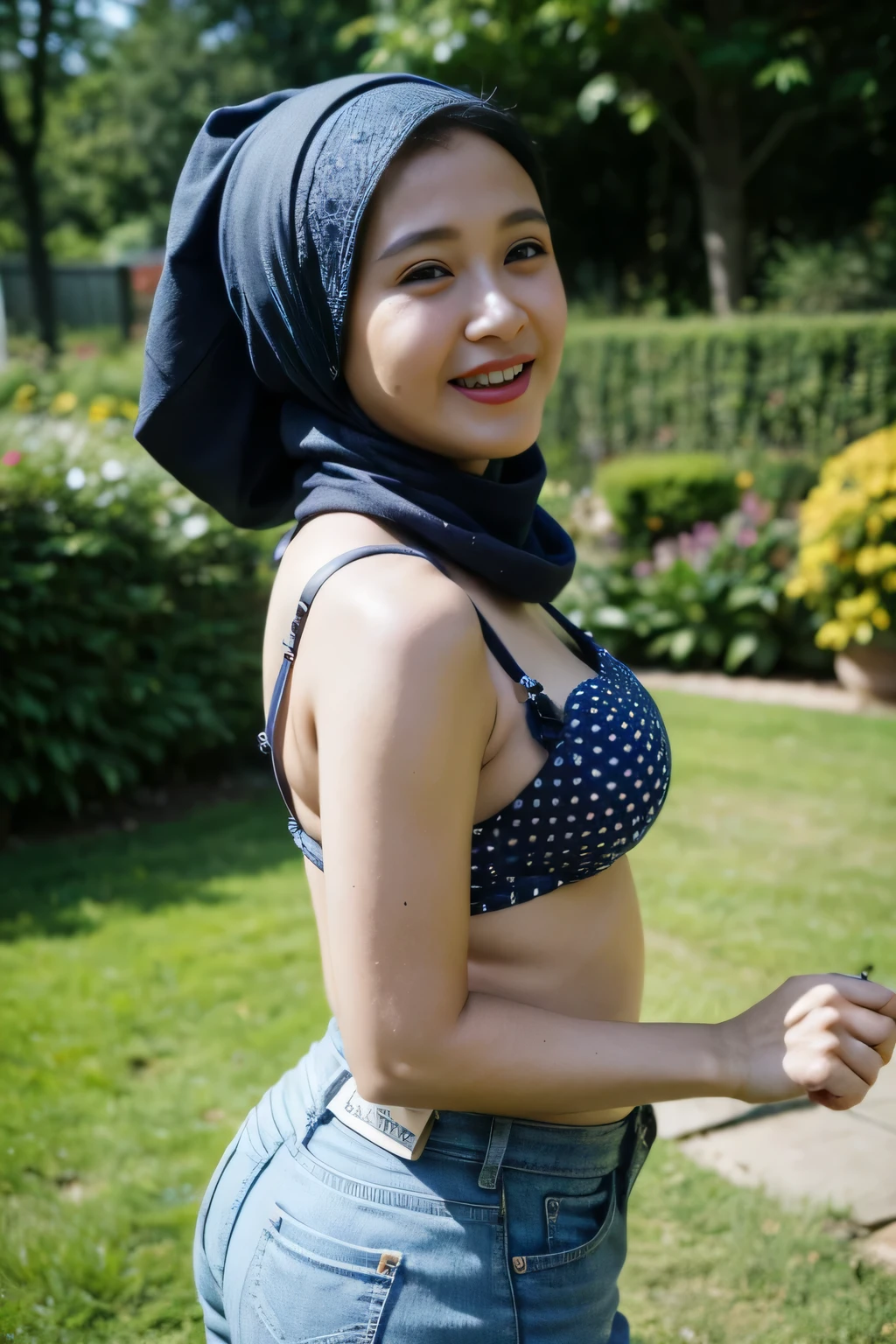 Malay girl wearing hijab, open button shirt, undersize baby blue satin bra and (polkadot pattern), tight jeans, portrait photography, mid shot photo, ultra detail, professional photograph with professional lighting, smile, at the garden, outdoor background, curly hair, sexy seducing pose, curvy body, butt closed up angle