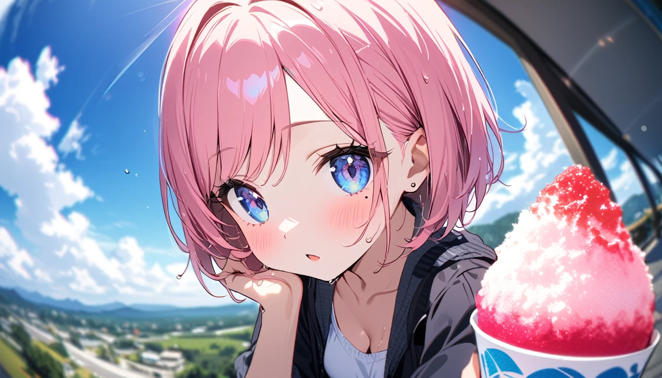(1 girl),(Best Picture Quality, 8K, Masterpiece:1.3), (high school student:1.5), ((pink lob hair:1.1)), (bob cut),(swept bangs), (cute eyes, pupil black, iris skyblue, youthful face), (mole under right eye), (standard weight), (small breasts), (glistening skin:1.1),(pale skin:1.2), ((Gyaru fashion:1.3)),(wet:1.1),(blue sky, blurry, blurry background, chromatic aberration, cloud, cloudy sky, day, depth of field, glint, outdoors, sky), (shaved ice),(magnificent view),(fisheye),(overlooking).