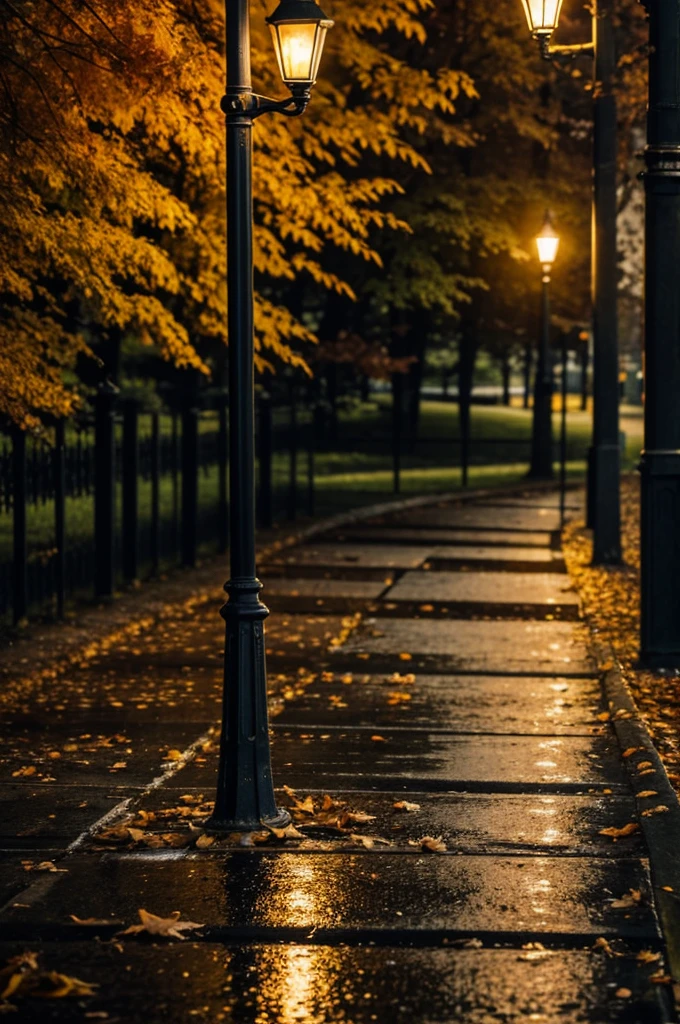 Create a black and white vintage macro photograph, shot from a top looking down at a side angle, featuring a lone vacant and rustic bench with 2 to 3 fall colored leaves on it, on the side of the curve of a small country park walking path with reflective puddles of water after the rain. A lone tall streetlamp beside the bench glows orange, casting a hue on the bench, chiaroscuro lighting, shot at night, highly detailed, masterpiece, artistic, melancholy, professional, bokeh