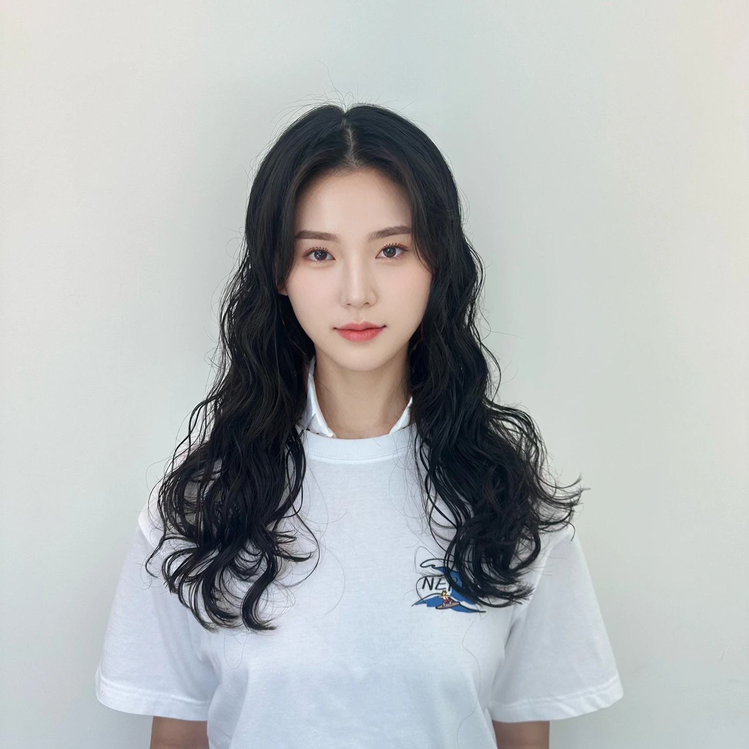 Best Quality, 8k, Masterpiece, (Portrait: 1.3), (photo realistic:1.4), (hyper realistic:1.4), Sharp Focus, looking at viewer, (smoother lighting:1.1), (increase cinematic lighting quality:0.9), realistic lighting, backlighting, light on face, ray trace, (brightening light:1.2), (Increase quality:1.4), sharp detail, (best quality real texture skin:1.4), finely detailed eyes, black_eyes, finely detailed face, 25 year old Korean woman, (white formal_shirt:1.4), (Create an image maintaining the original base model hairstyle:1.5)