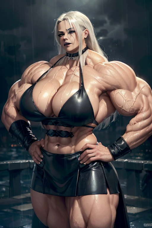 (((((Massive, beautiful, buff, wet, light brown skinned muscular woman with white hair, black lipstick, ginormous bulky muscles, hands on hips, and wearing a black halter top with a leather tiered skirt))))), (close view), massive muscles, hyper muscles, long straight hair, ((black halter top)), ((leather tiered skirt)), blue eyes, choker, (long sleeve gauntlets), black boots, (in a rainstorm Darkened city), (Dark and moody universe:1.3), evil smile, night, massive arms