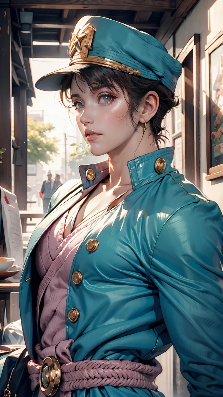 (jotaro kujo) Hirohiko Araki,Zoom in on face, Focus on the face, Blue Highlights,View your viewers, watercolor, manga, Young aristocratic woman, JoJo's Bizarre Adventure 、Victorian dress、Off the shoulder、Cleavage Emphasis、Folded fan、Lace gloves、Curly Hair((curly hair))、blue eyes
