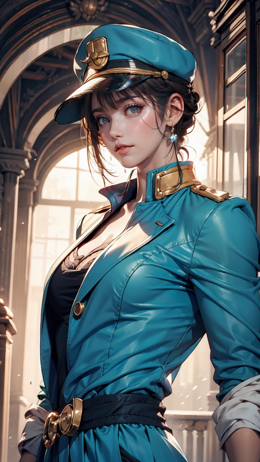 (jotaro kujo) Hirohiko Araki,Zoom in on face, Focus on the face, Blue Highlights,View your viewers, watercolor, manga, Young aristocratic woman, JoJo's Bizarre Adventure 、Victorian dress、Off the shoulder、Cleavage Emphasis、Folded fan、Lace gloves、Curly Hair((curly hair))、blue eyes