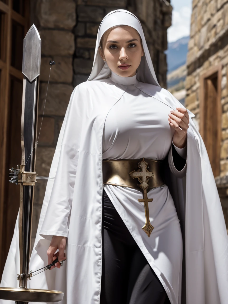 (masterpiece, top quality, best quality, official art, beautiful and aesthetic:1.2), (1girl:1.3), ((Sharp facial features, sharp features, hawkish features)), ((grey eyes)), busty paladin knight girl, extremely detailed, portrait, looking at viewer, solo, (full body:0.6), detailed background, full-body shot, (cold mountain nighttime glacier theme:1.1), holy knight, (nun), charlatan, smirk, mysterious, swaying in mountains, armor, polished metal, gold trim, long boots, white fabric, pelvic curtain, robe, pale leather, ((((nun, crossbow, heavy armor, armored, long legs, robes, prayer scrolls, toned, muscular)))), slim waist, slim hips, long legs, medieval (mountain exterior:1.1) background, dark mysterious lighting, shadows, magical atmosphere, dutch angle