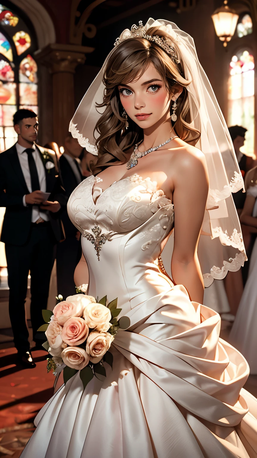 (highest quality, high resolution, masterpiece:1.2,), Figure, natta, a girl, hole body, (Wedding dress), Place your arms behind your back, Waiting for a kiss, view viewer, Happy, Blush,