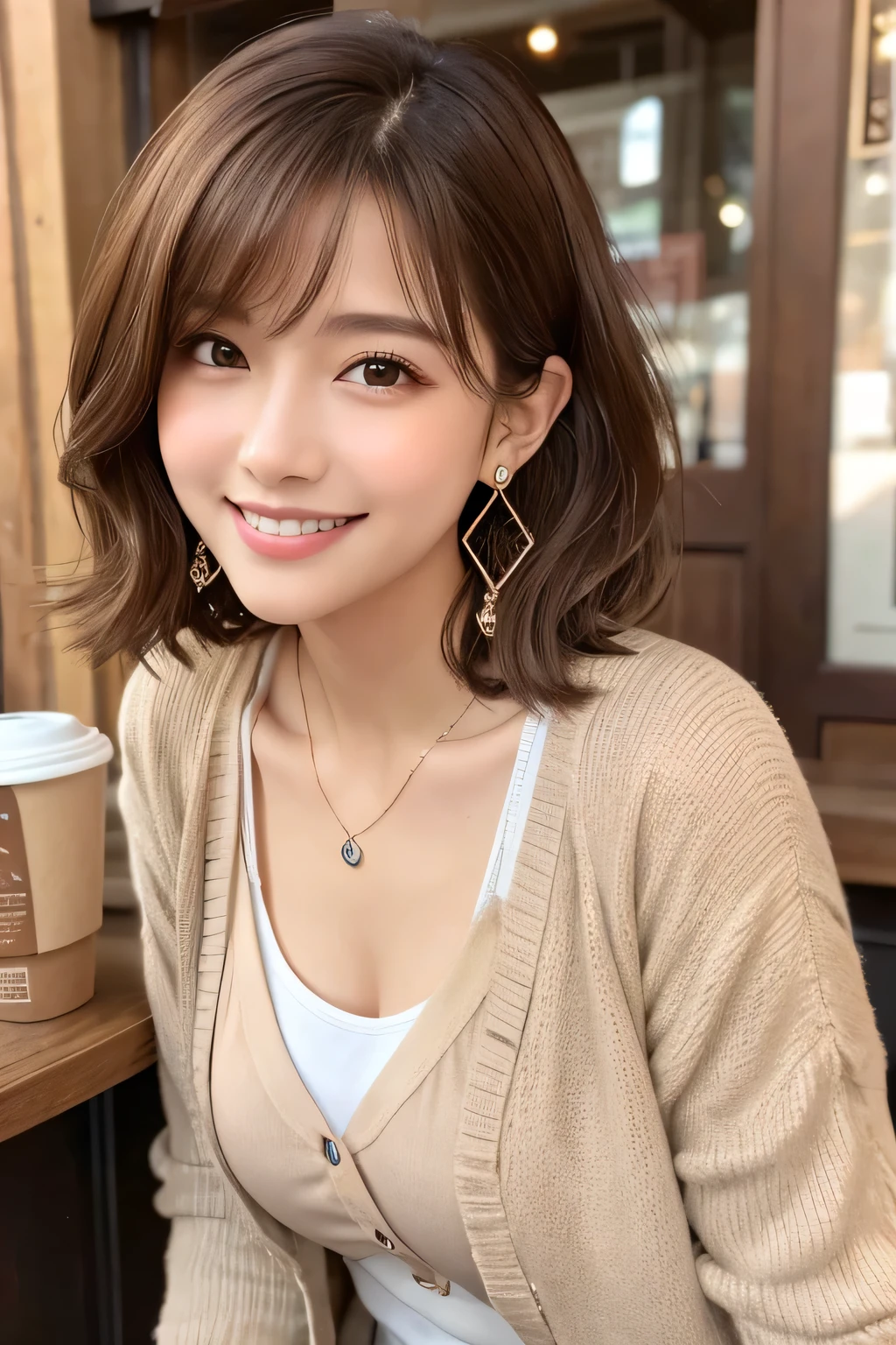 ）Light brown hair、Clear beauty、Short Haircut、Wavy Hair、cardigan、blouse、Ear piercing、Necklace around the neck、smile、Beautiful teeth alignment、Intricate details, Very detailed:1.2), 、 Looking into the camera、The background is a coffee shop

