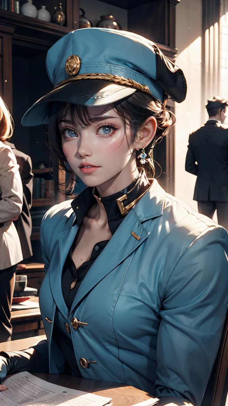 (jotaro kujo) Hirohiko Araki,Zoom in on face, Focus on the face, Blue Highlights,View your viewers, watercolor, manga, Young aristocratic woman, JoJo's Bizarre Adventure 、Victorian dress、Off the shoulder、Cleavage Emphasis、Folded fan、Lace gloves、Curly Hair((curly hair))、blue eyes