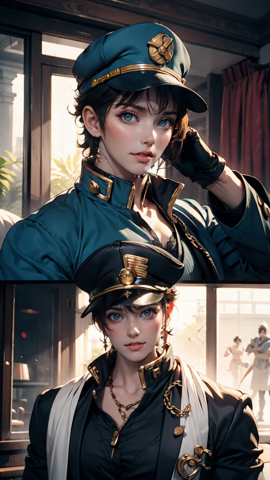 (jotaro kujo) Hirohiko Araki,Zoom in on face, Focus on the face, Blue Highlights,View your viewers, watercolor, manga, Young aristocratic woman, JoJo&#39;s Bizarre Adventure 、Victorian dress、Off the shoulder、Cleavage Emphasis、Folded fan、Lace gloves、Curly Hair((curly hair))、blue eyes
