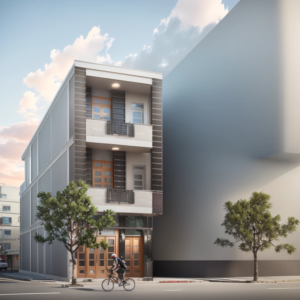 rendering of a two story building with a bicycle parked in front, front elevation view, modern lush condo as shopfront, elevation view, complete house, architectural concept, frontview, architectural rendering, conceptual rendering, building facing, street elevation, 3d rendering, 3 d rendering, realistic building, detailed rendering, street level view, front elevation, urban house