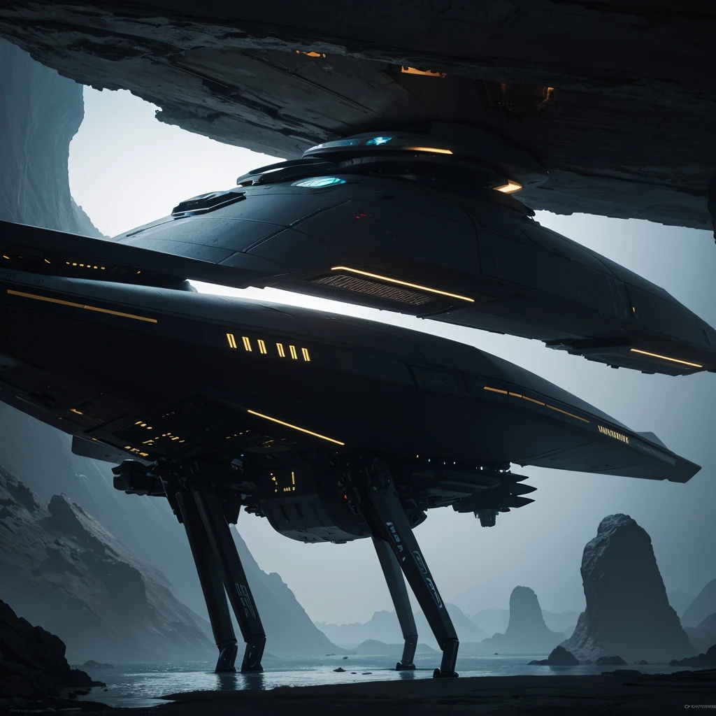 (Best Quality) Futuristic alien ship landing on a planet with dark color palette