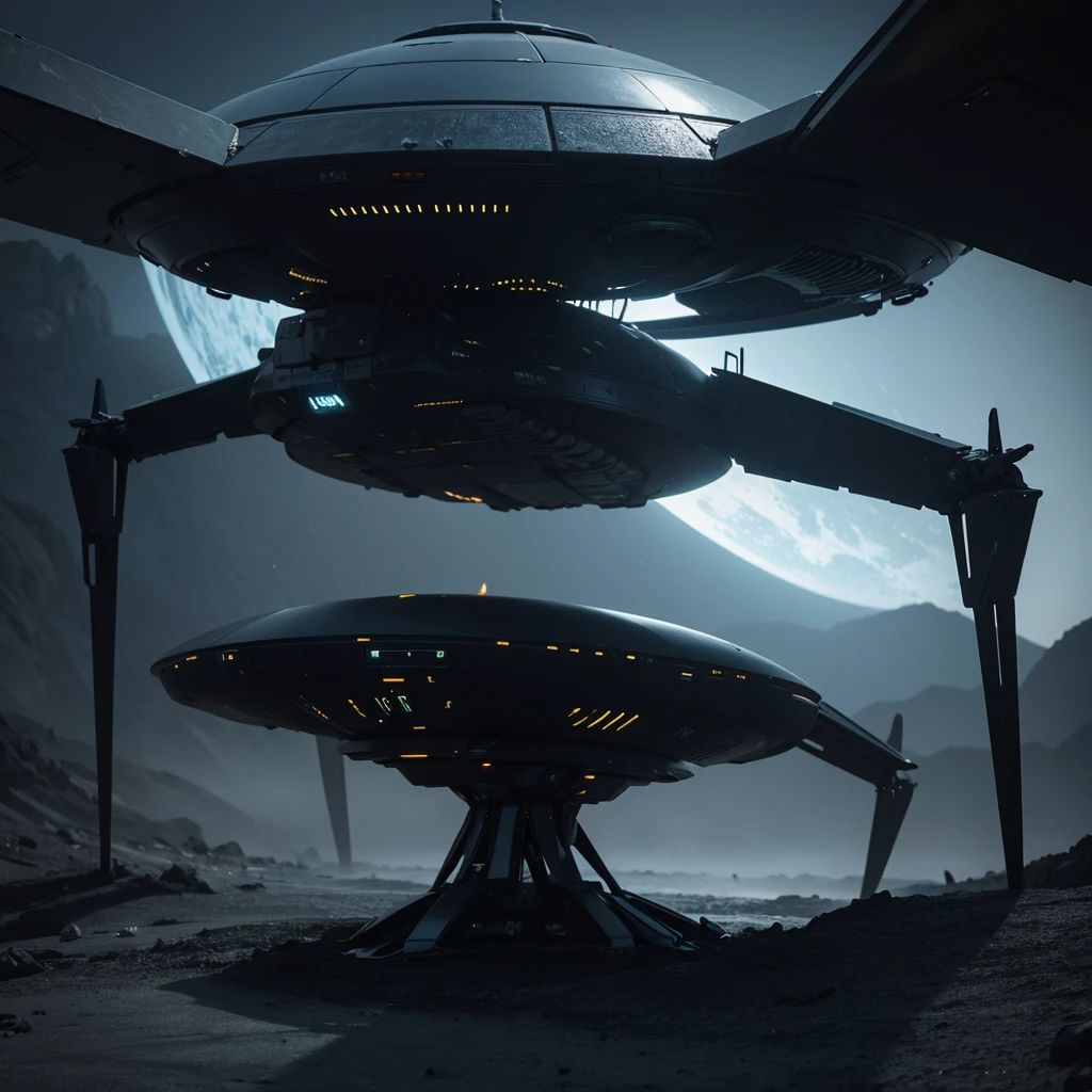 (Best Quality) Futuristic alien ship landing on a planet with dark color palette
