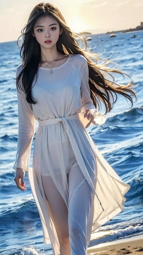 (masterpiece), (Highest quality), (Very detailed), (Disheveled Hair), (shape), (One Girl), (Elegant long sleeve dress), Are standing, Fashion Model, Beholder, (Ridiculously long hair:1.5, Very long hair:1.5), (Simple Background), Beautiful and beautiful eyes, Delicate and beautiful face, floating, (High chroma), (Shine), Focus on the face, (straight hair, black hair), bangs, Hair Ring, floating Hairs, (The Shining), Best lighting, Best Shadow, Big, Firm, Beach at night, Dazzling sunset