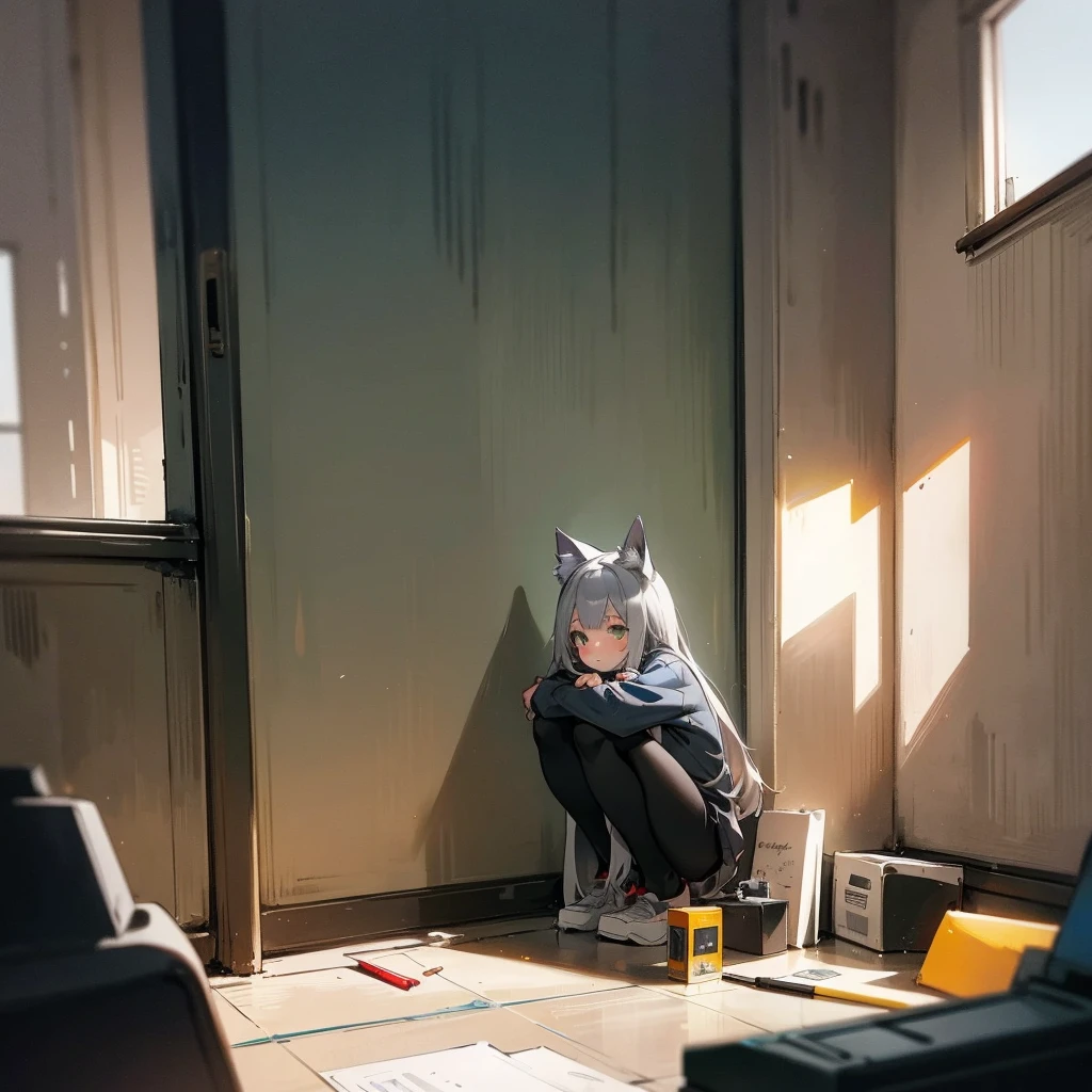 A girl with gray hair with gray cat ears, squatting in the corner of the room, looks confused and a little scared, background: room with desk, pencil and pen on the table, good lighting, bright and soft, brightly colored, the girl is some distance from the picture