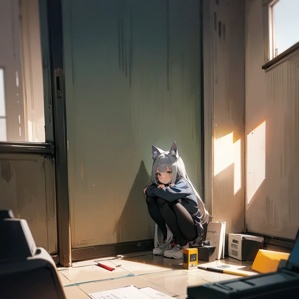A girl with gray hair with gray cat ears, squatting in the corner of the room, looks confused and a little scared, background: room with desk, pencil and pen on the table, good lighting, bright and soft, brightly colored, the girl is some distance from the picture