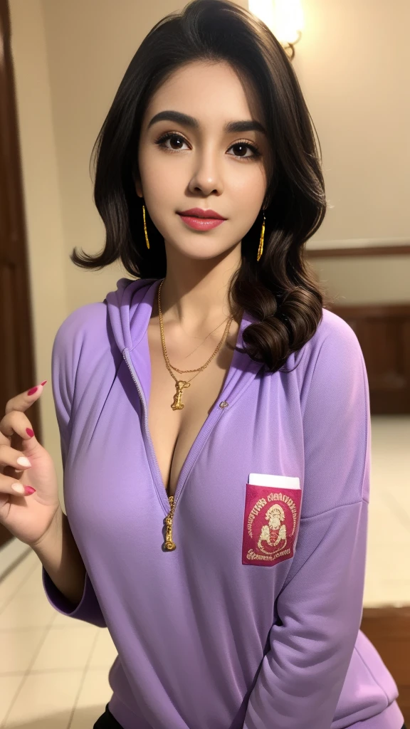 photography, woman, portrait of woman wearing purple hoodie clothes, red lipstick, golden necklace, earrings, ornate, detail, flowers, blurry background, soft focus