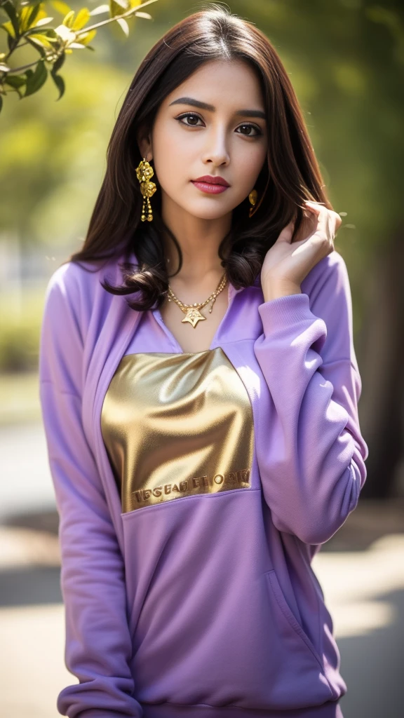 photography, woman, portrait of woman wearing purple hoodie clothes, red lipstick, golden necklace, earrings, ornate, detail, flowers, blurry background, soft focus