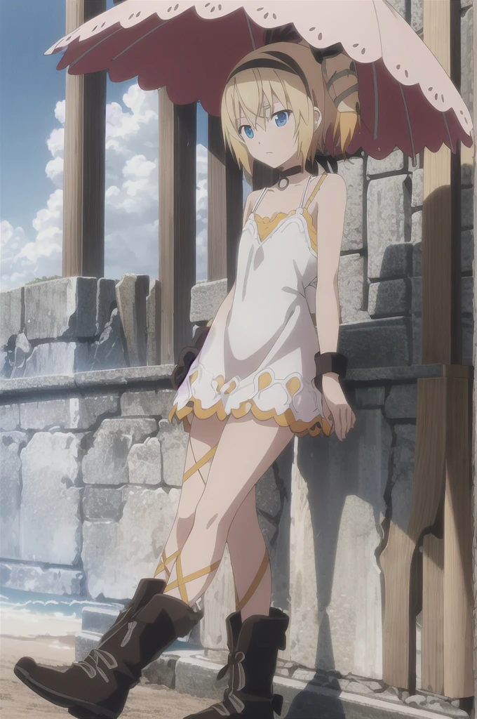 ((masterpiece)),((Highest quality)),Very detailed,Raising awareness,Explicit,beautiful body,beautiful Nose,beautiful character design,Perfect Eyes,Perfect Face,wallpaper,Ultra-high resolution,4K,photograph,(beautiful,Small breasts:1.2),(beautiful顔:1.2),beautiful足,Perfect Legs,Shiny skin,Official Style,Browsing Caution,Official Art,Create a screen capture,Anime Coloring,
One Girl,alone,umbrella,blonde,short hair,choker,Side Ponytail,ribbon,blue eyes,black choker,gloves,leg ribbon,片手gloves,hair band,whole body,hair ribbon,dress,View your audience,tress ribbon,boots,Are standing,white dress,skirt,clavicle,Beach,Outdoor,Day,