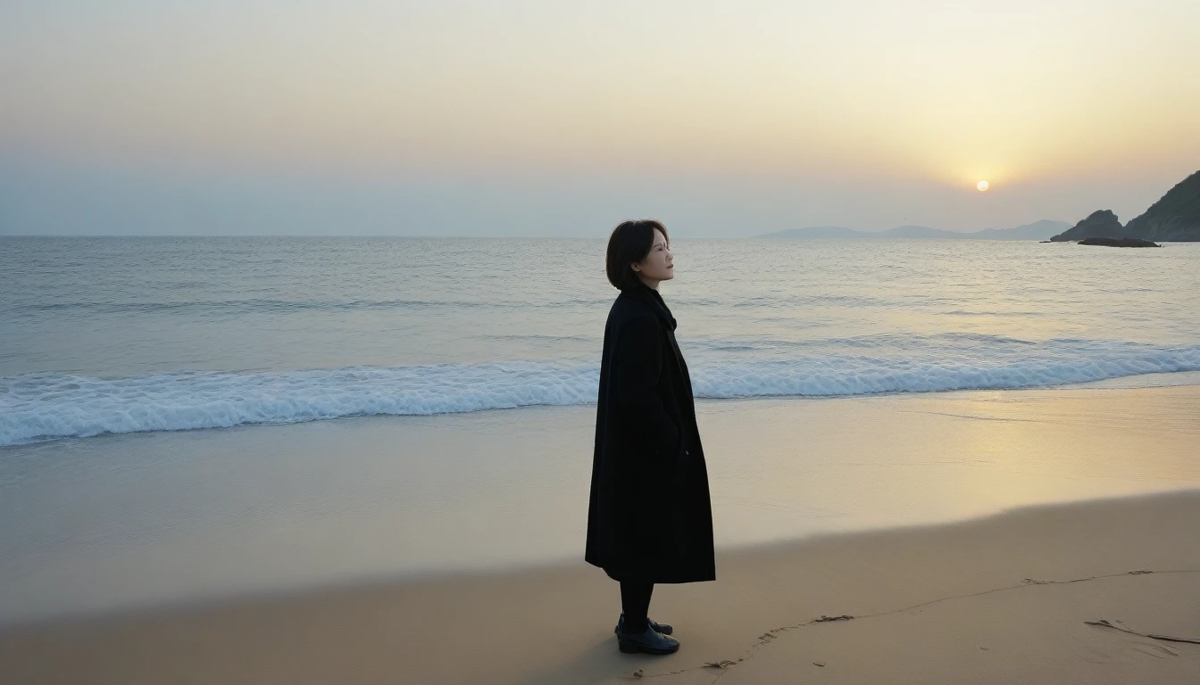 8K, Vivid picture quality, The picture quality is alive, long deserted beach, 멀리서 sunset 뷰, short hair that covers the neck, , Black coat, sunset의 붉은 빛, sunset, alone, afternoon, depressed, tide가 밀려온다, ocean, tide, wind, short korean girl, 잔잔한 tide, Canon Camera 16-35 Wide Angle Lens, full body shot