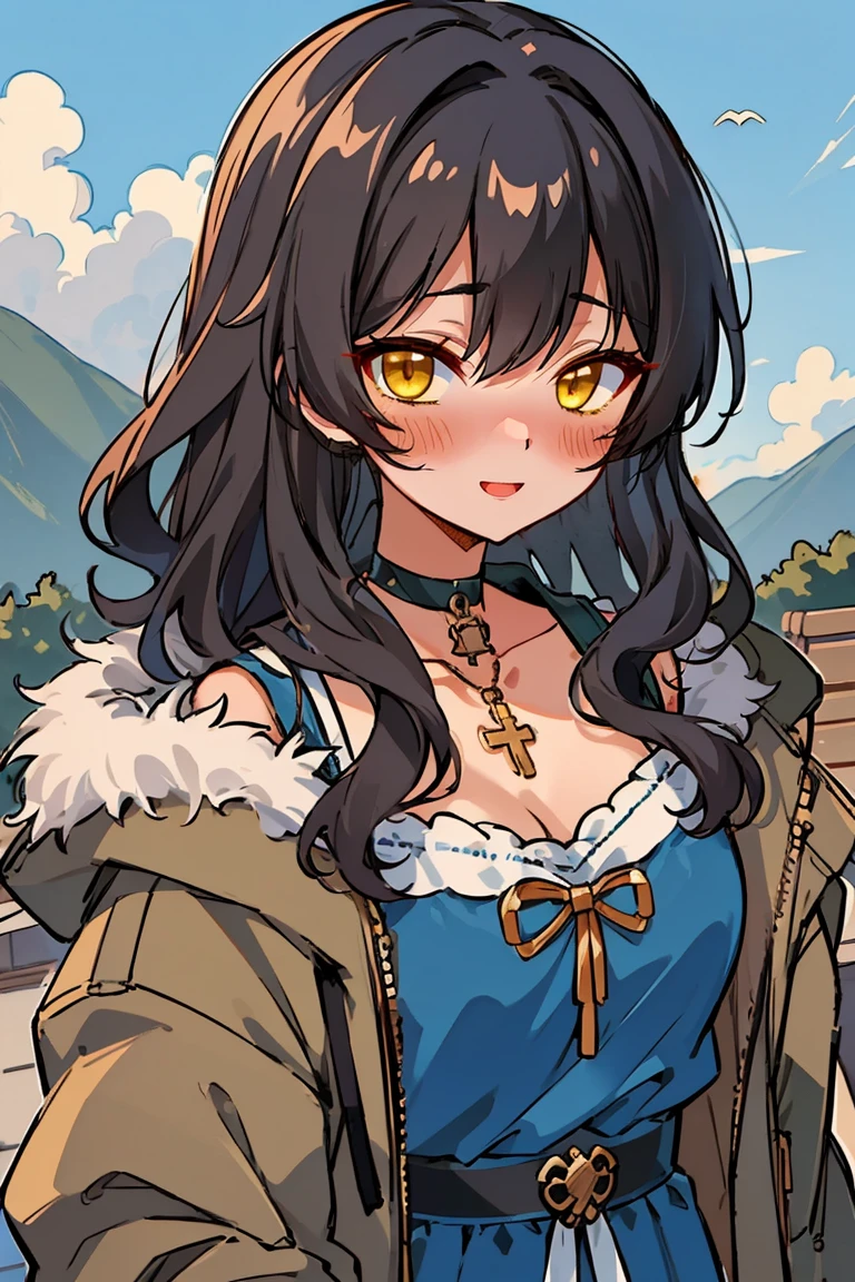 (masterpiece:1.2), (high quality:1.2), (hui xiyi:0.7), rekkyo sensen, rekkyou sensen, girls with((1girl, solo, black hair, yellow eyes, (wavy medium hair, one side up:1.3), blush, breasts, choker, cleavage, coat, cowboy shot, blue dress, ribbon waist belt, collar, collarbone, rosary, rosary choker, cross, fur, khaki jacket, green jacket, hood down, hooded coat, hooded jacket, hoodie, jacket, large breasts, long hair, long sleeves, medium breasts, open clothes, open coat,open hoodie, sleeveless, winter clothes, zipper, cleavage, upper body, hand up, waving, palm)), background with((architecture, blue sky, bush, castle, village, no humans, cloud, cloudy sky, day, field, garden, grass, hill, house, lamppost, landscape, mountain, mountainous horizon, nature, no humans, outdoors, scenery, shrine, sky))