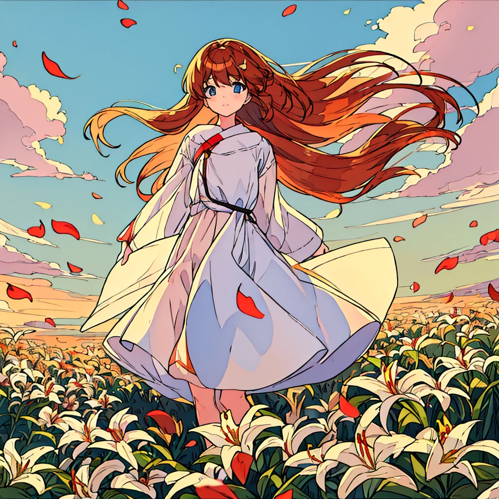 Plain sunset colored background A girl with bronze hair and white clothes Lilies Simple Chic Summer Plains Petals fluttering Wind blowing