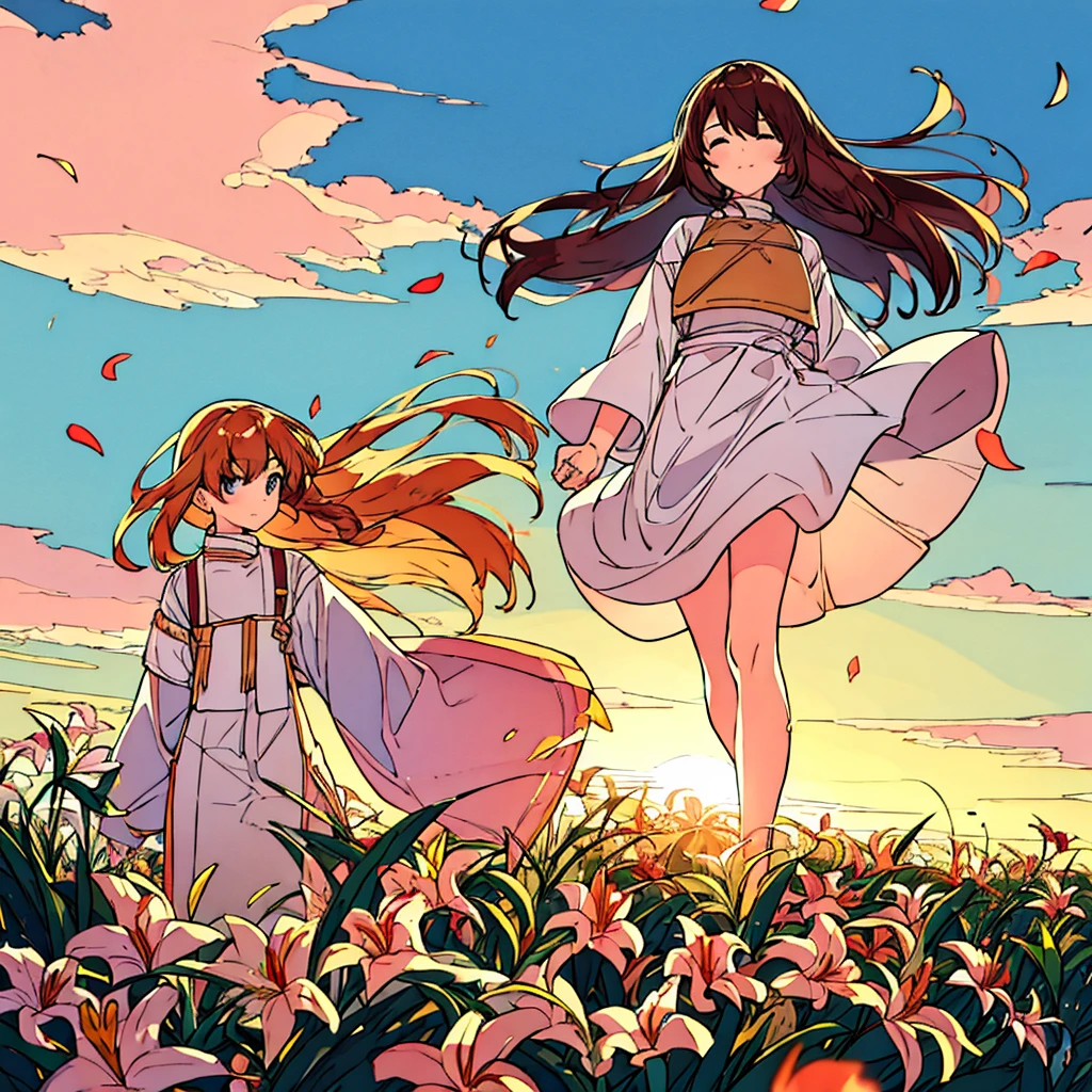 Plain sunset colored background A girl with bronze hair and white clothes Lilies Simple Chic Summer Plains Petals fluttering Wind blowing