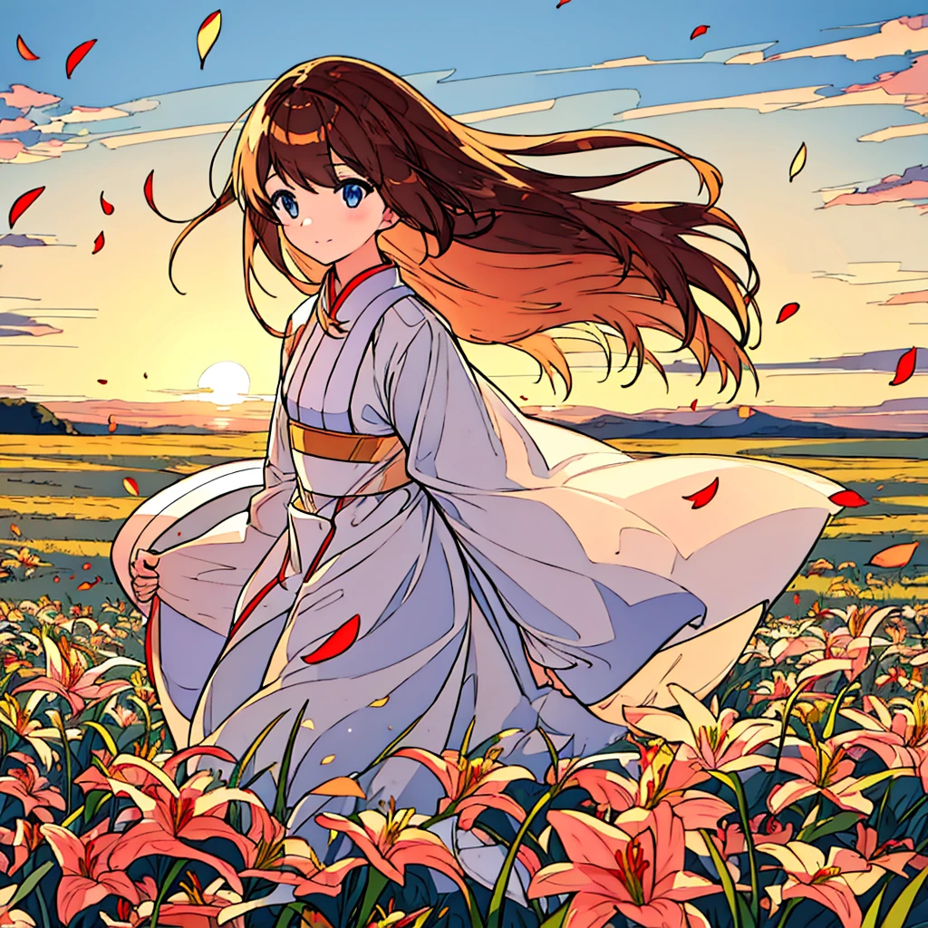 Plain sunset colored background A girl with bronze hair and white clothes Lilies Simple Chic Summer Plains Petals fluttering Wind blowing