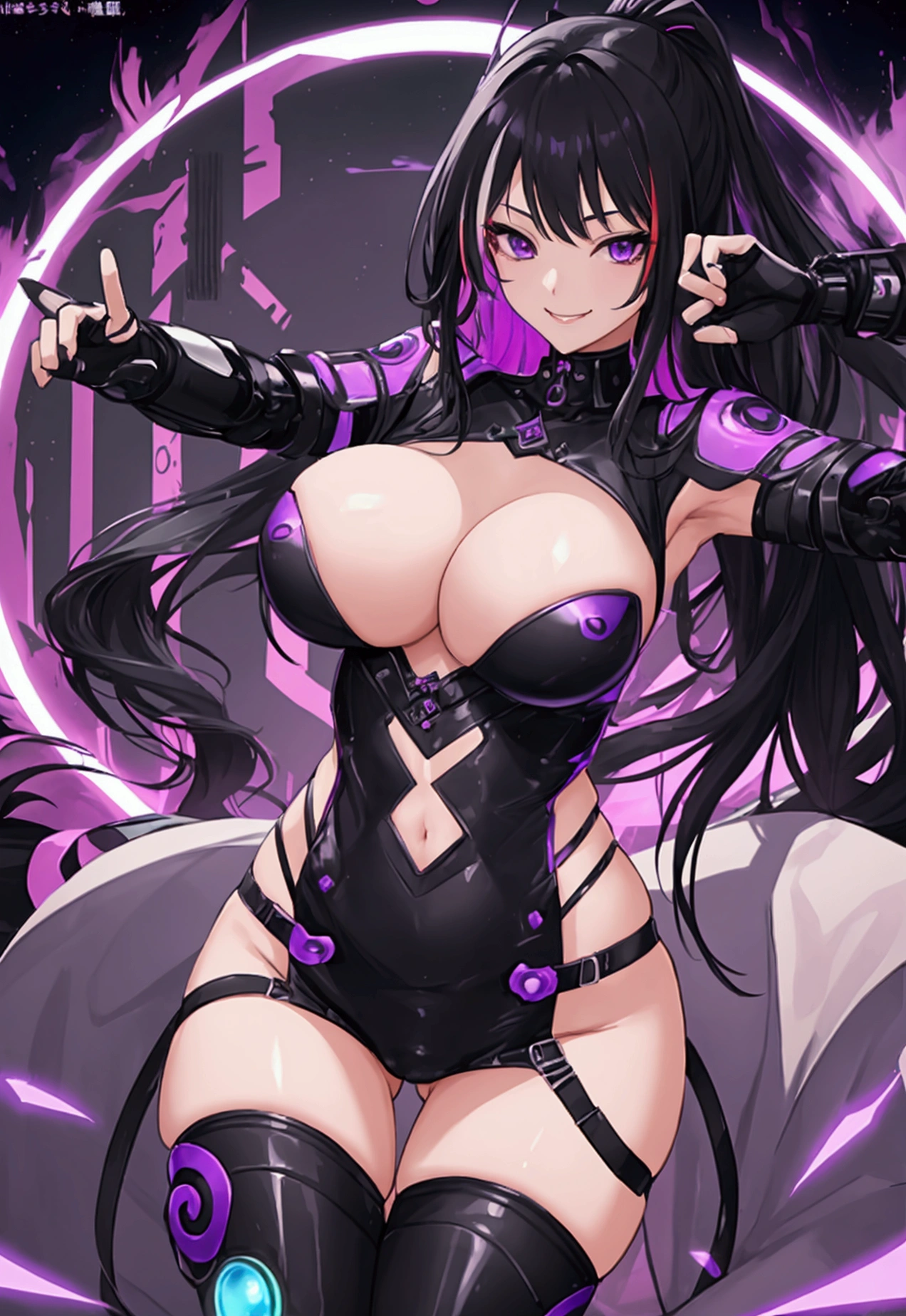 woman、Early 20s、Exposed breasts and genitals、cyber punk、Wicked Smile、Black Hair、Long Hair、Multicolored Hair、Purple Eyes、breast enhancement、sexy、、Kung Fu、Tight combat suit、R-18