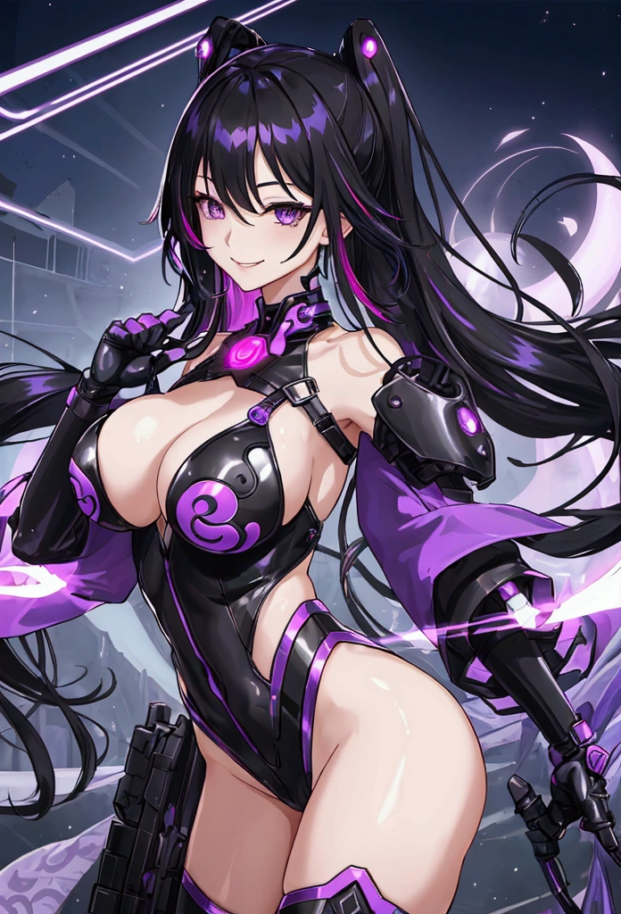 woman、Early 20s、Exposed breasts and genitals、cyber punk、Wicked Smile、Black Hair、Long Hair、Multicolored Hair、Purple Eyes、breast enhancement、sexy、、Kung Fu、Tight combat suit、R-18