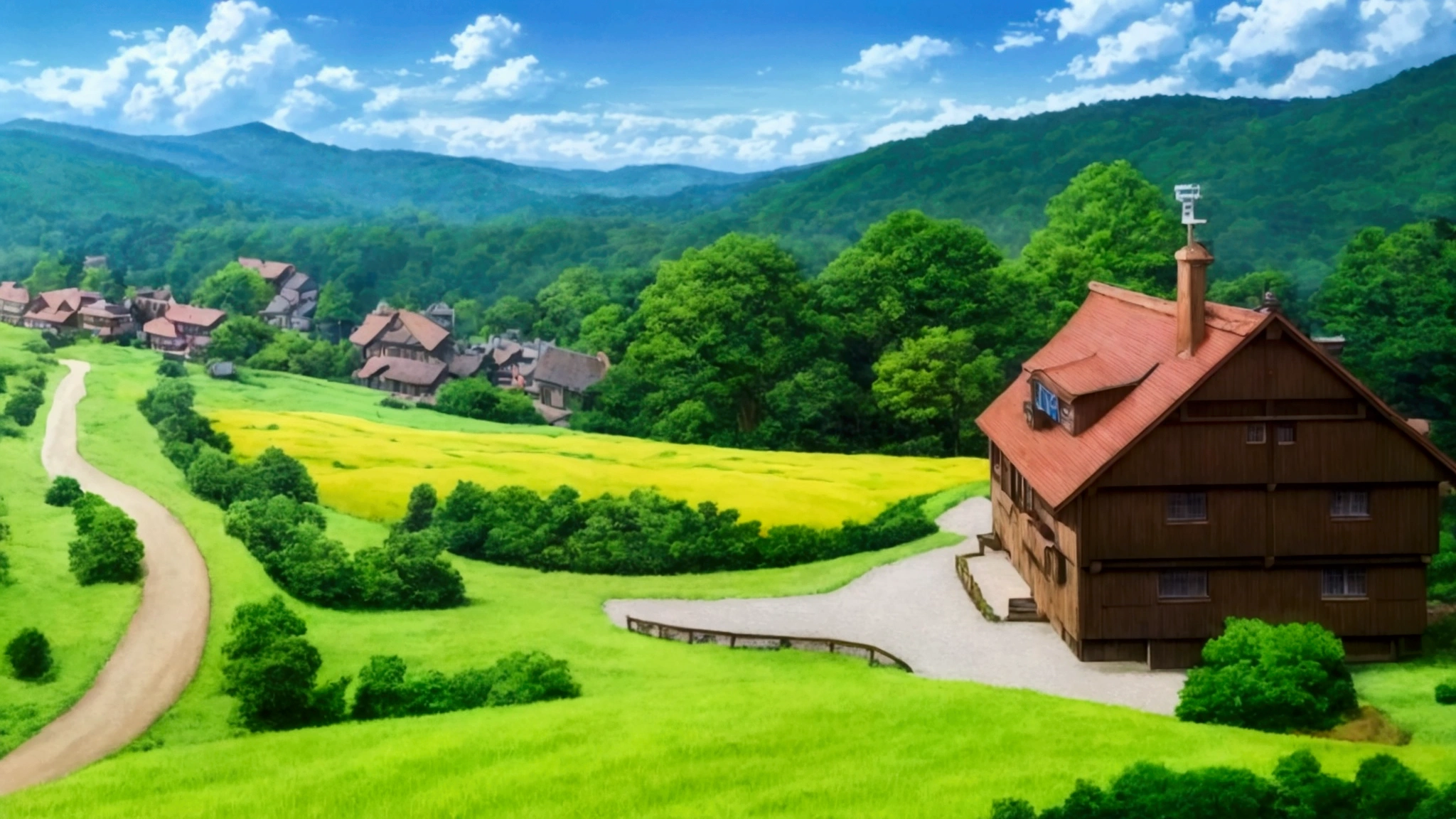 anime scenery of a wooden house , traditional Alpine Chalet on a hill with a tree, anime countryside landscape, The surrounding landscape is expansive, with rolling fields of green and yellow flowers stretching out towards the horizon, anime background art, anime lush john 8k woods, anime landscape wallpaper, amazing wallpaper, colorful anime movie background, background art, house background, high quality wallpaper, high quality desktop wallpaper, anime background, ghibli studio anime style, 4k detailed digital art, ghibli artstyle, ghibli studio style