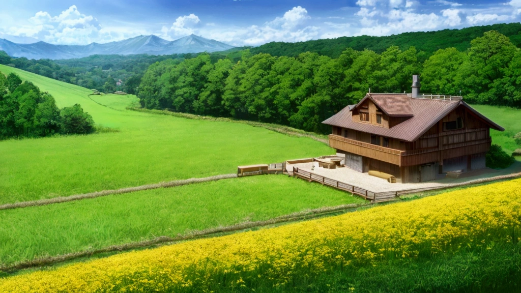 anime scenery of a wooden house , traditional Alpine Chalet on a hill with a tree, anime countryside landscape, The surrounding landscape is expansive, with rolling fields of green and yellow flowers stretching out towards the horizon, anime background art, anime lush john 8k woods, anime landscape wallpaper, amazing wallpaper, colorful anime movie background, background art, house background, high quality wallpaper, high quality desktop wallpaper, anime background, ghibli studio anime style, 4k detailed digital art, ghibli artstyle, ghibli studio style
