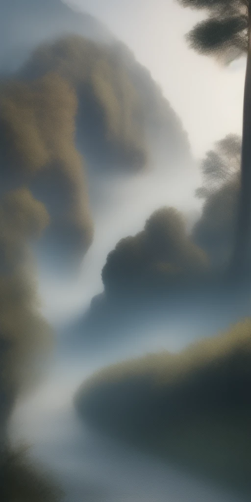 Analog style,ChromaV5,nvinkpunk,(extremely detailed CG unity 8k wallpaper),An image of a majestic river, trees on the sides, tiny waterfall, intense fog ,award winning photography, Chromatic Aberration, Detailed , HDR, Bloom, style by Monet, Pissarro, and Sisley ,trending on ArtStation, trending on CGSociety, art by midjourney