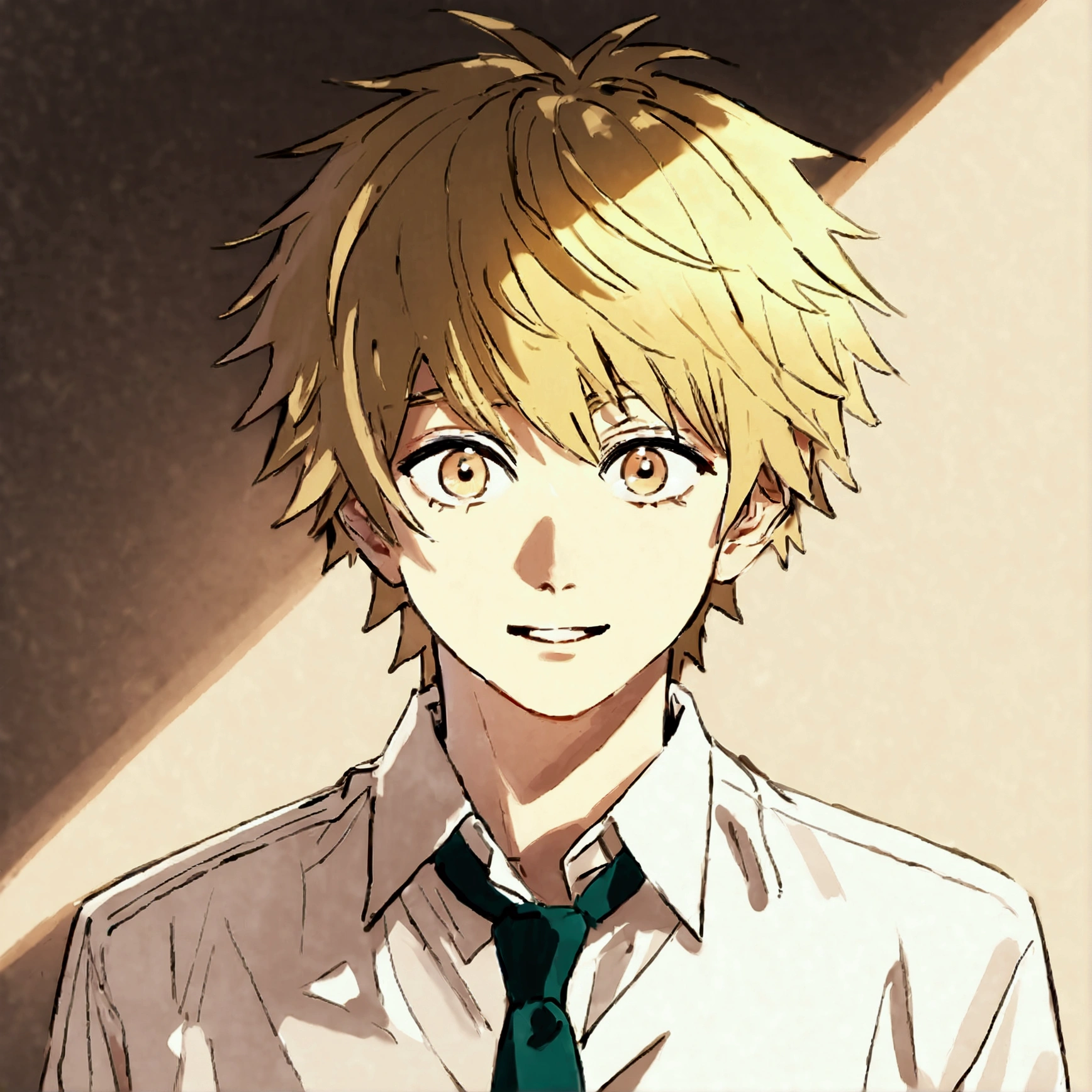 a mesmerizing portrait of denji, a 16-year-old boy with blonde and messy yellow hair, light brown eyes, masterpiece, highly detailed, sharp focus, 8k, studio lighting, vibrant colors