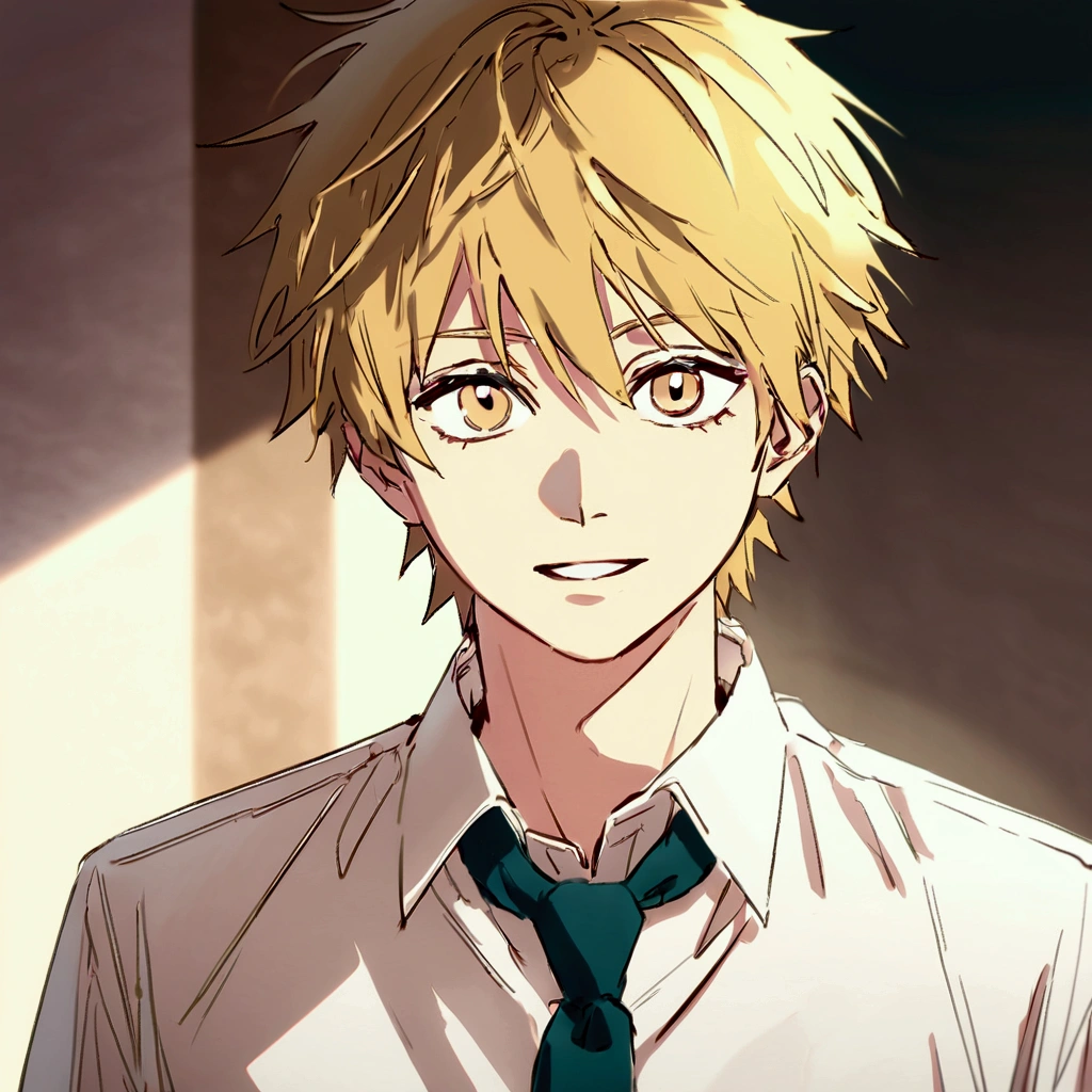 a mesmerizing portrait of denji, a 16-year-old boy with blonde and messy yellow hair, light brown eyes, masterpiece, highly detailed, sharp focus, 8k, studio lighting, vibrant colors