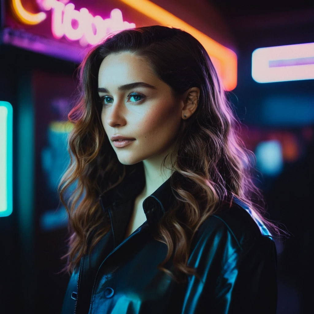 Photo of a woman with long wavy hair,portrait,kodachrome, neon,cyberpunk,   